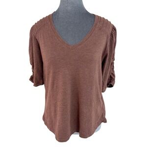 Democracy Wms Earthy Boho Brown V-Neck Top Crochet Lace Pleated Ruched Sleeve M